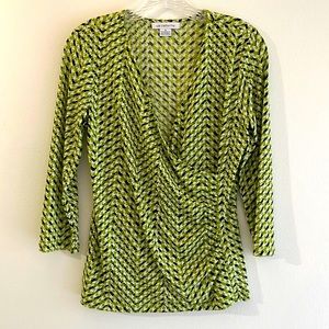 LIZ CLAIBORNE | Women’s V Neck Retro Style Green and Black Faux Wrap Top Size S